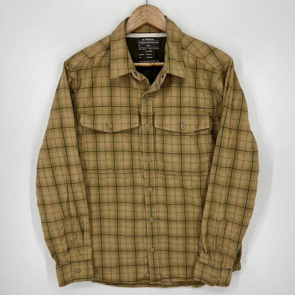 REI Co-op Mens Plaid Button Down Shirt Tan Green Orange 100% Cotton Medium